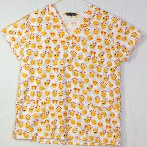 Cassandra O Scrub Top M Hearts Smiley Face White Yellow Polyester